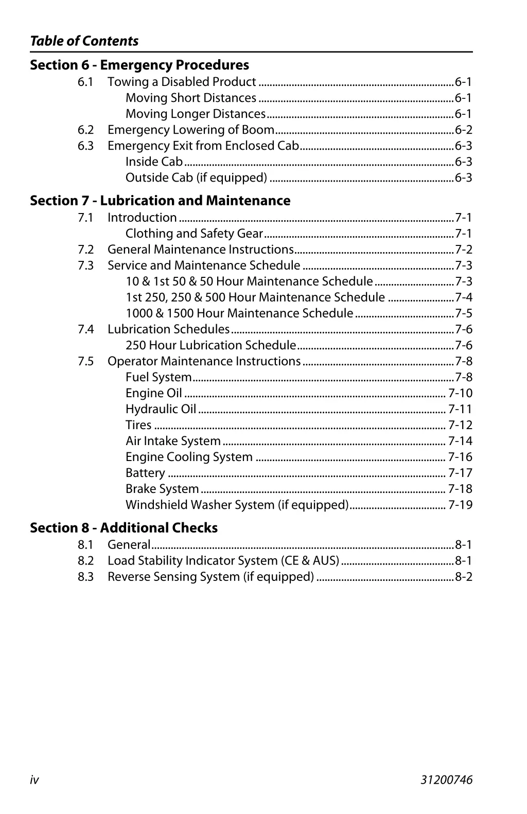 table of contents section 6 emergency procedures