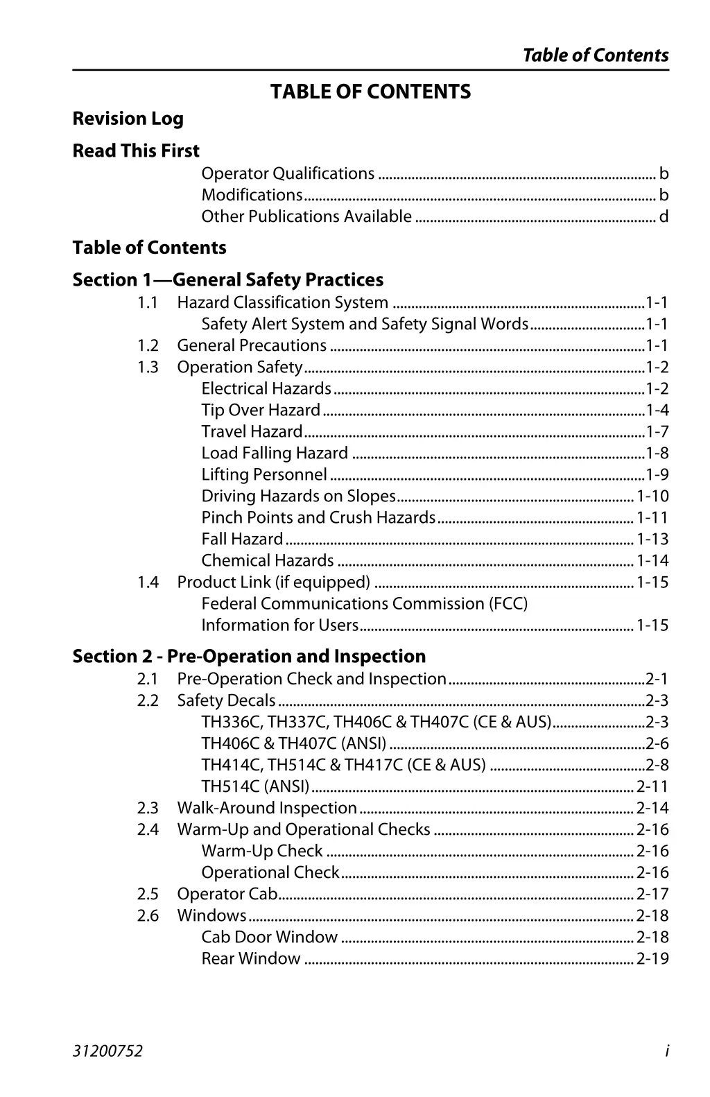 table of contents