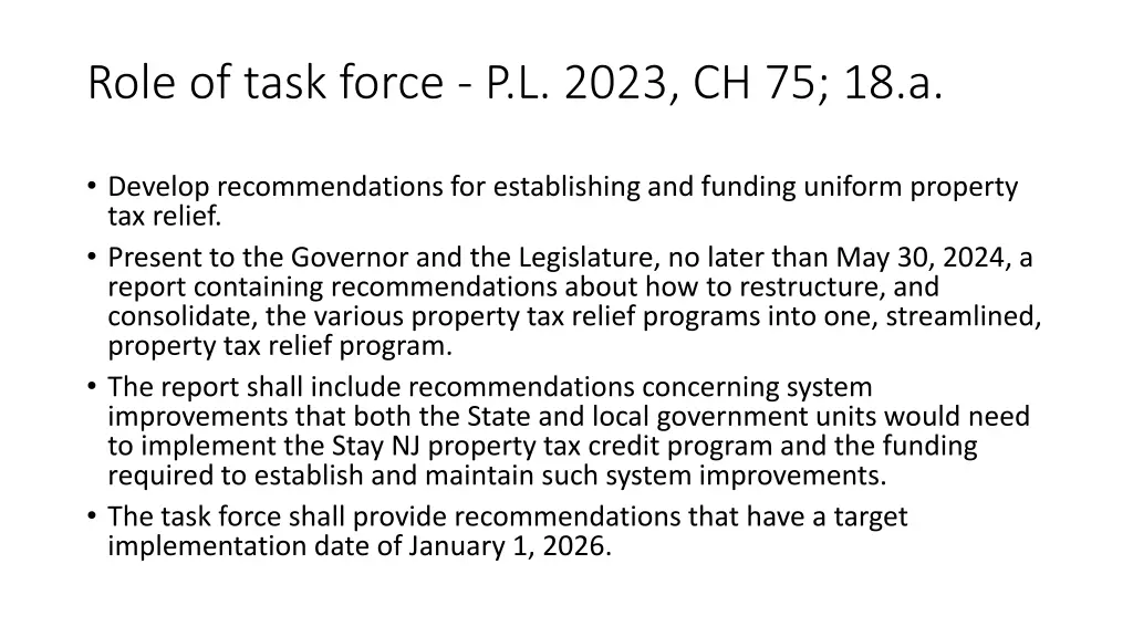 role of task force p l 2023 ch 75 18 a