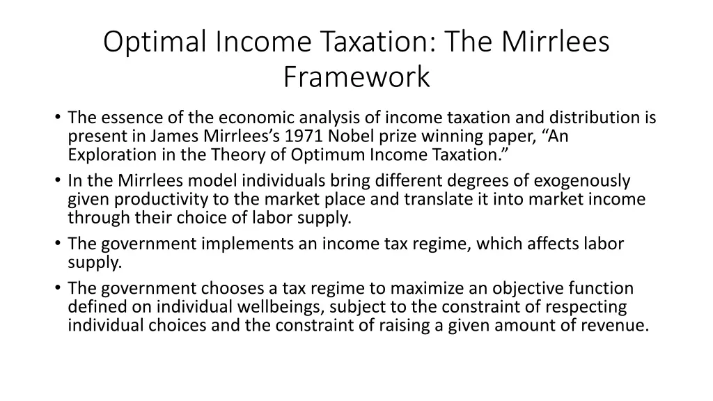 optimal income taxation the mirrlees framework