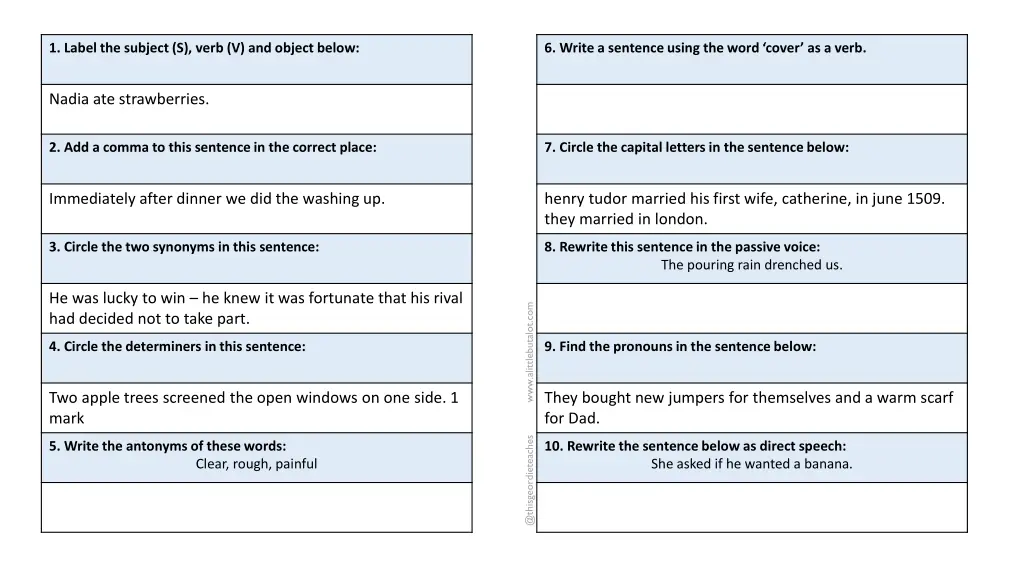 1 label the subject s verb v and object below