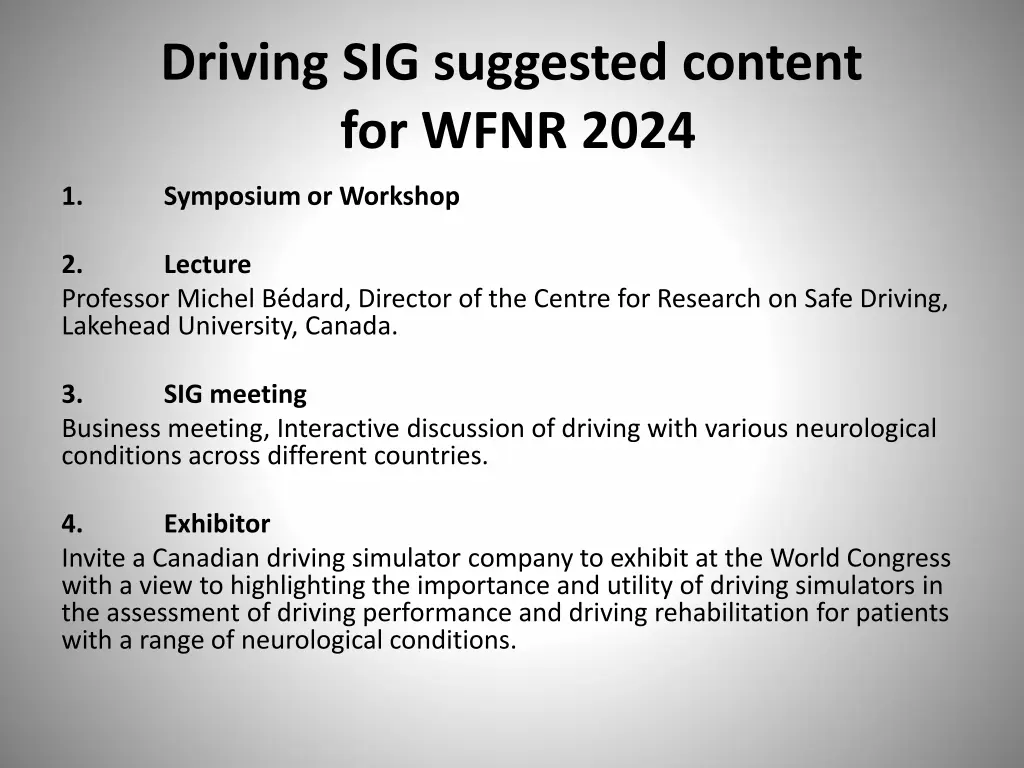 driving sig suggested content for wfnr 2024