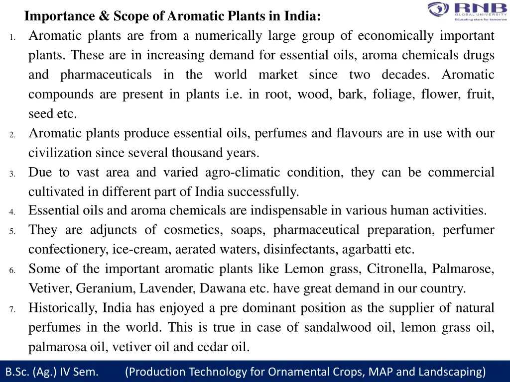 importance scope of aromatic plants in india