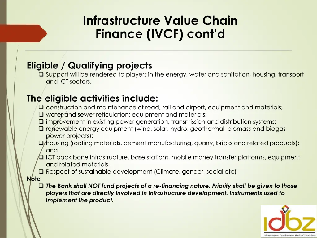 infrastructure value chain finance ivcf cont d