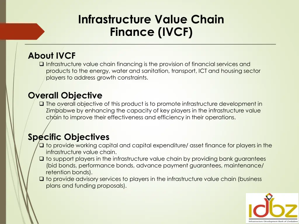 infrastructure value chain finance ivcf