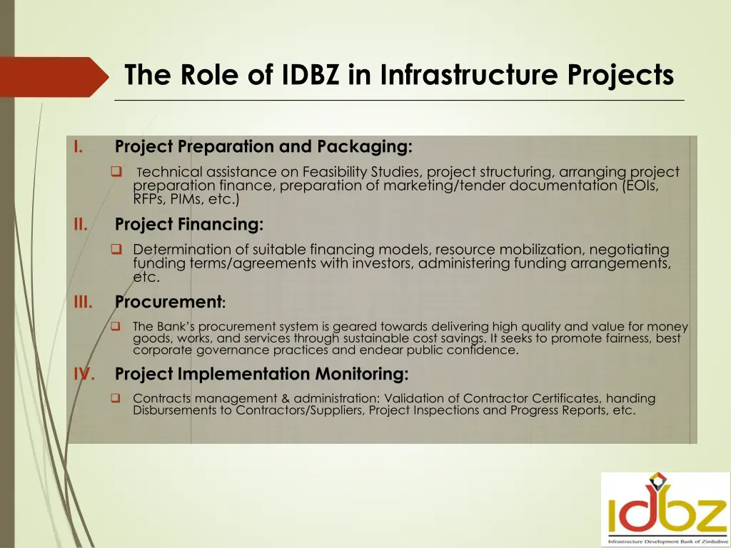 the role of idbz in infrastructure projects