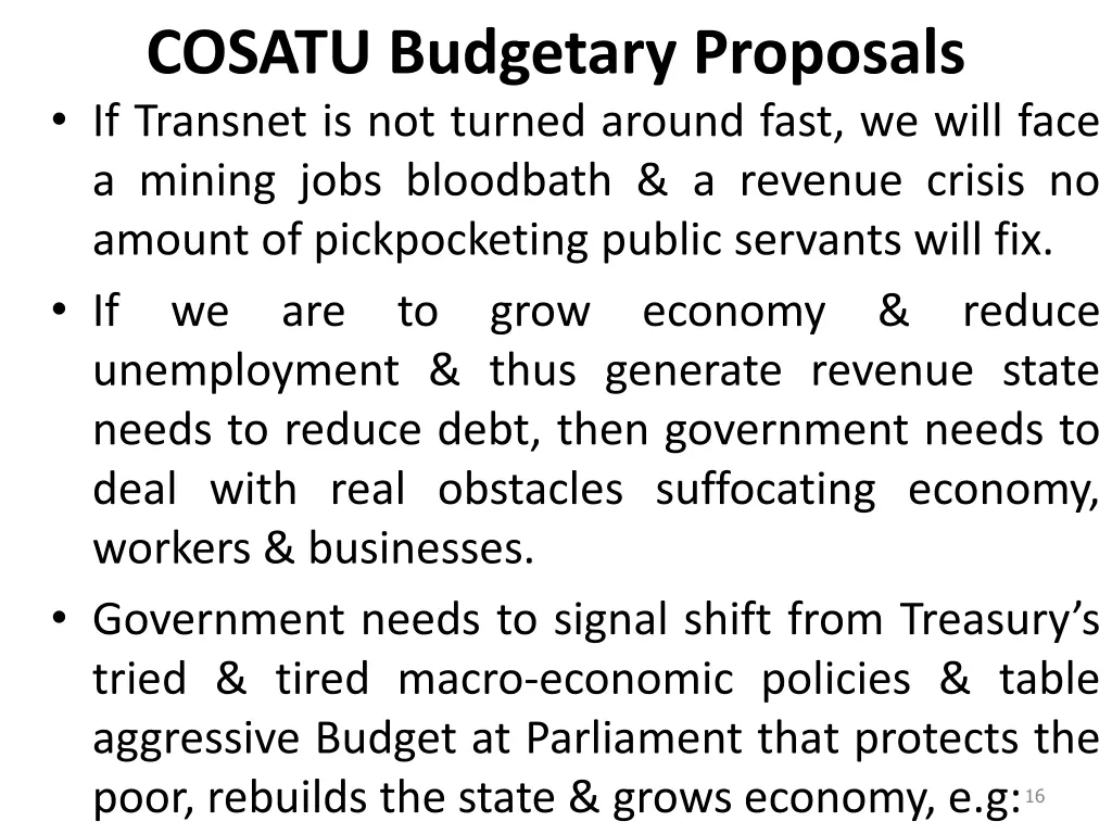 cosatu budgetary proposals if transnet