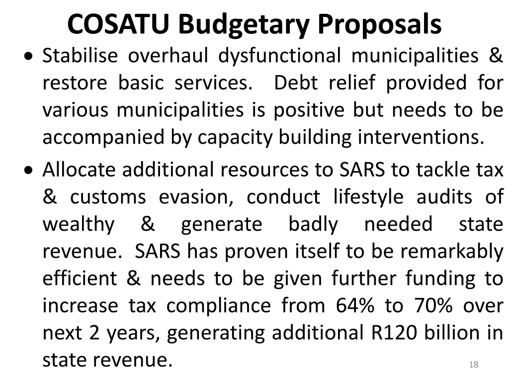 cosatu budgetary proposals stabilise overhaul