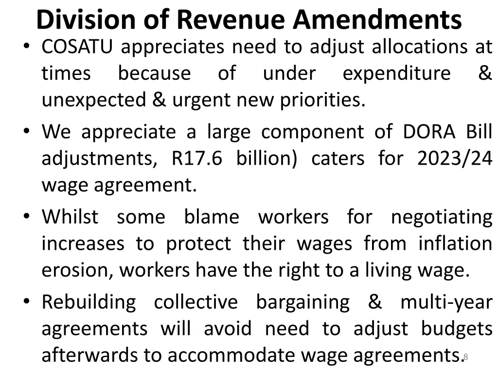 division of revenue amendments cosatu appreciates