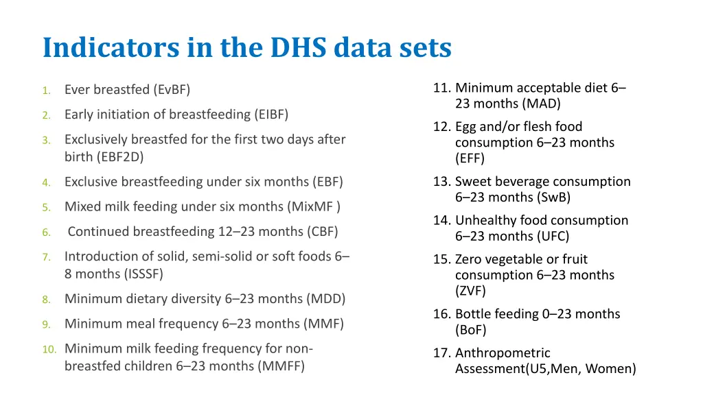 indicators in the dhs data sets