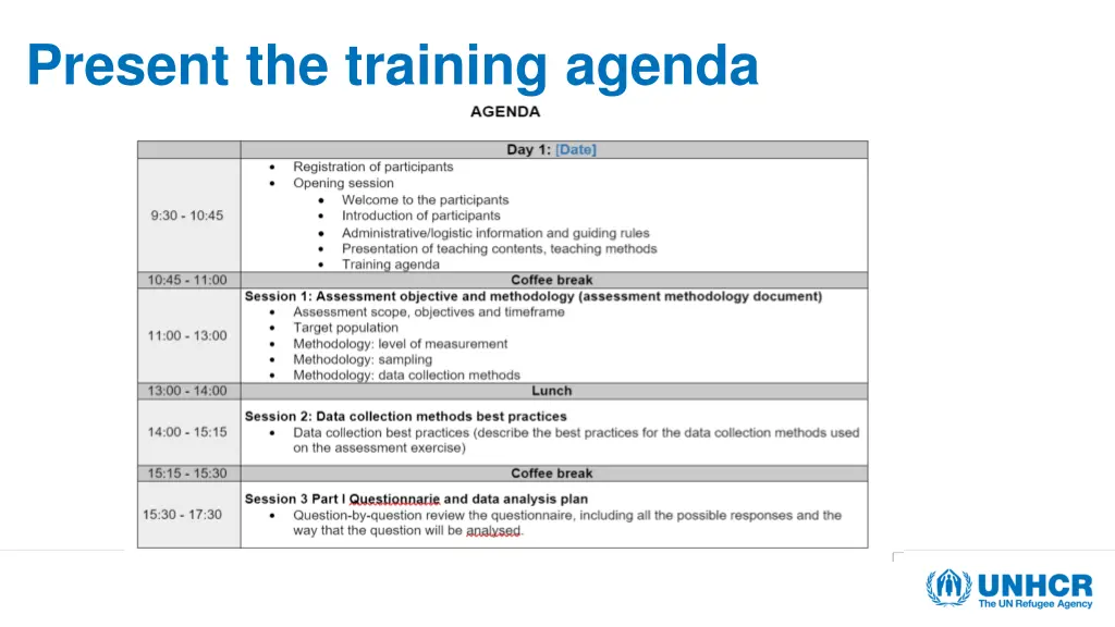 present the training agenda