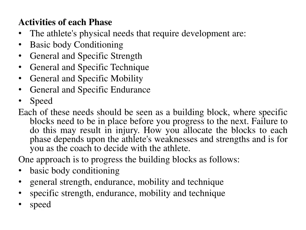 activities of each phase the athlete s physical