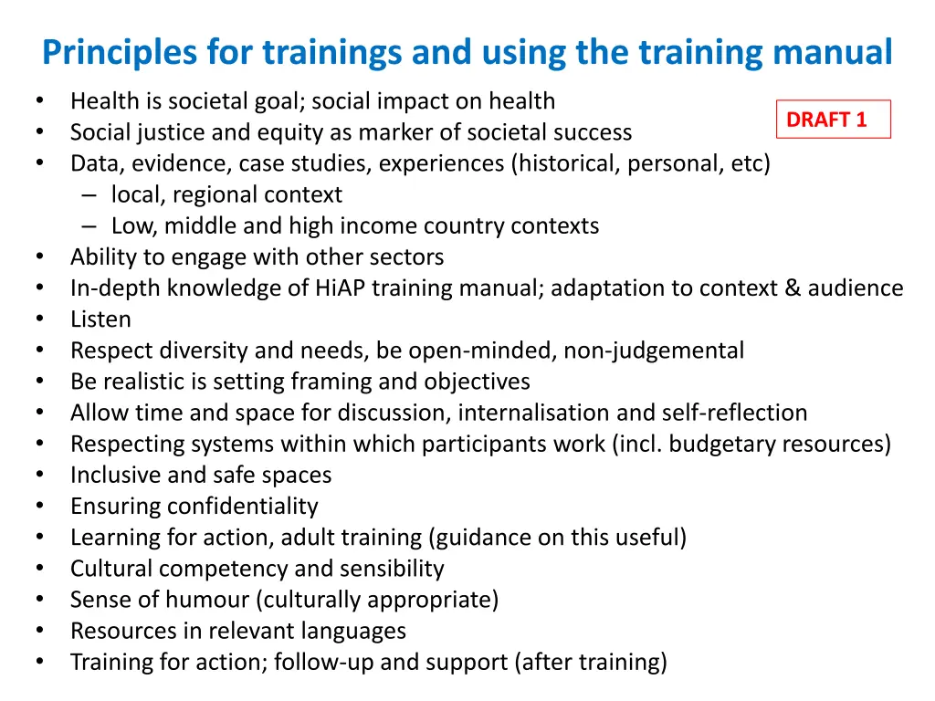 principles for trainings and using the training 1