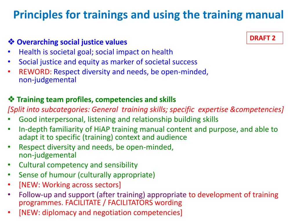 principles for trainings and using the training 2