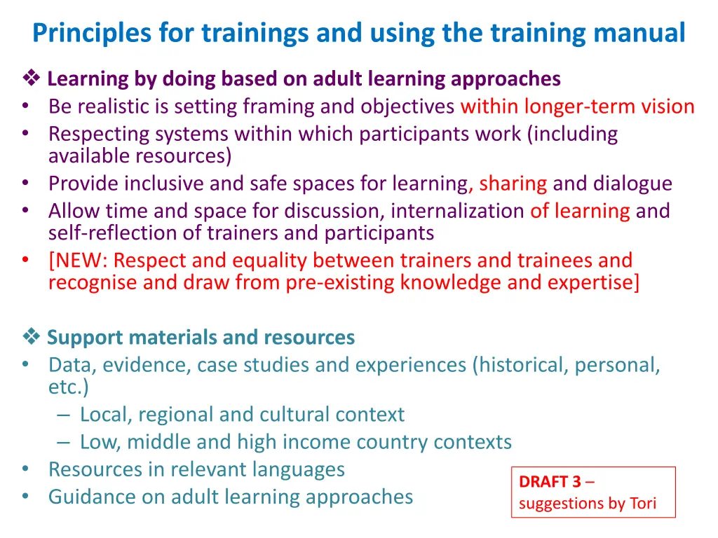 principles for trainings and using the training 5