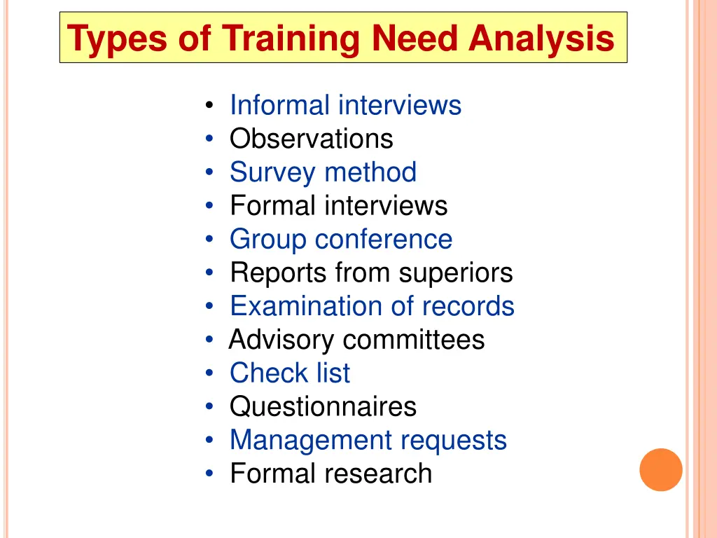 types of training need analysis