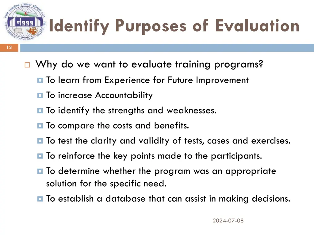 identify purposes of evaluation