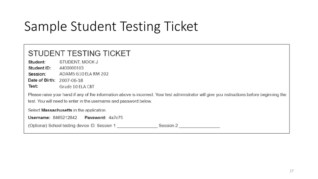 sample student testing ticket