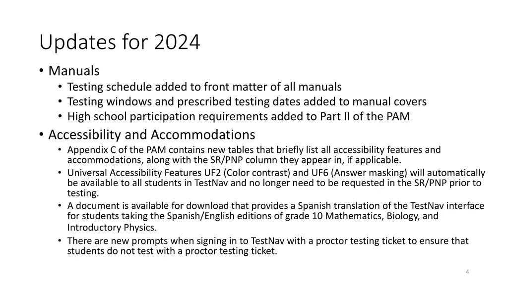 updates for 2024 manuals testing schedule added