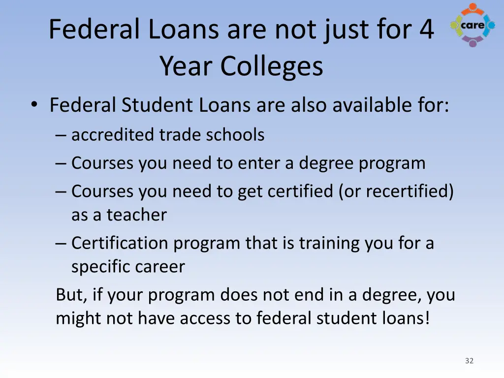 federal loans are not just for 4 year colleges