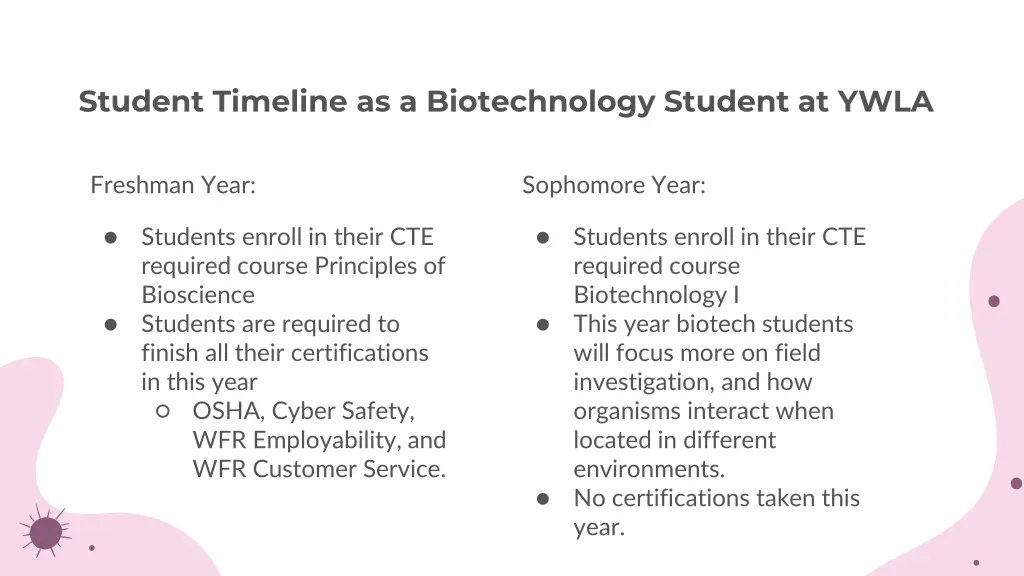 student timeline as a biotechnology student