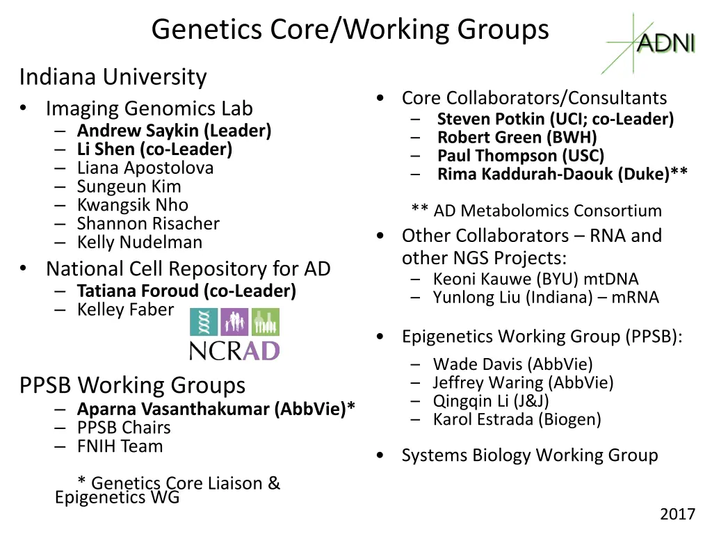 genetics core working groups