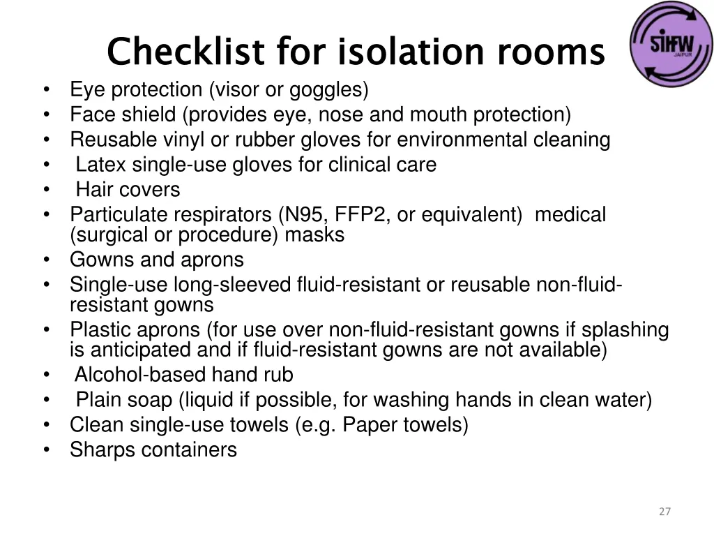 checklist for isolation rooms eye protection