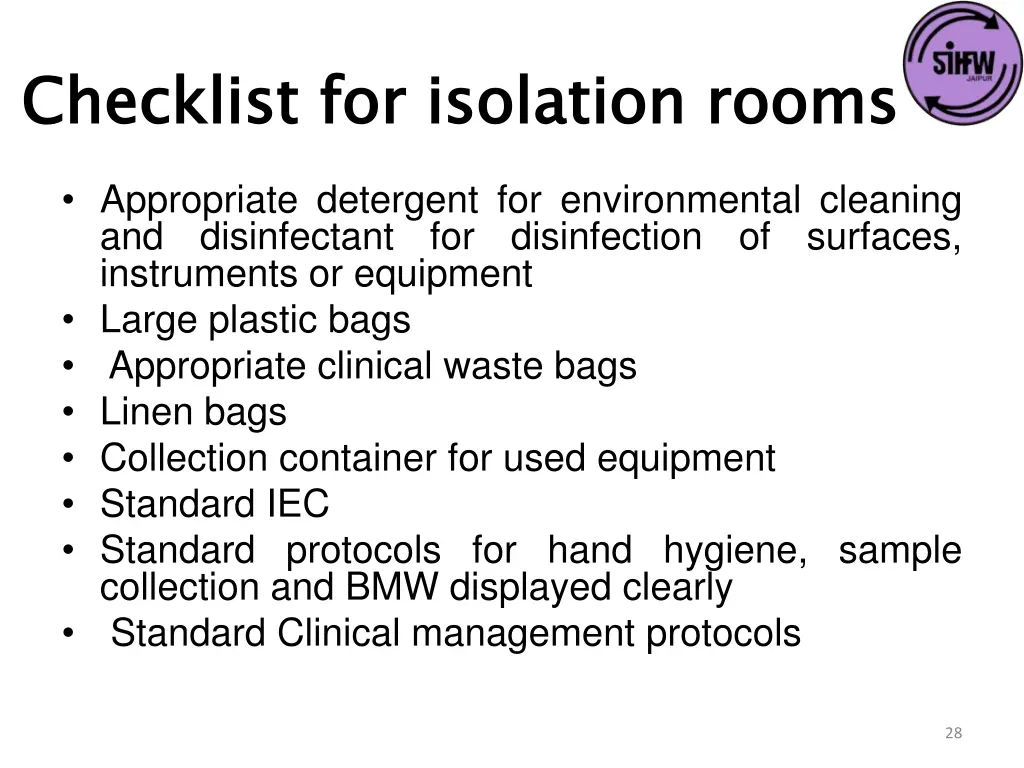 checklist for isolation rooms