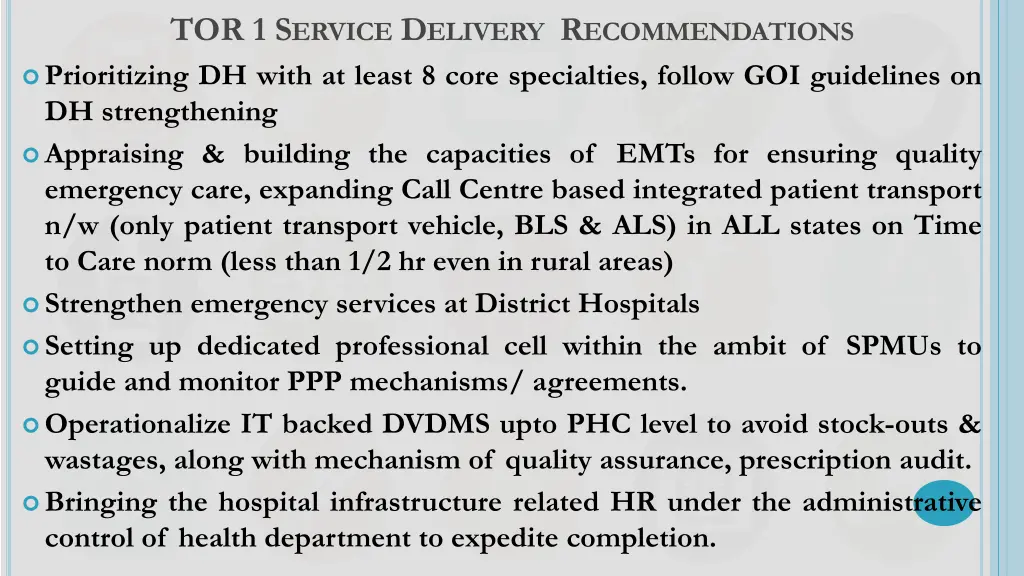 tor 1 s ervice d elivery r ecommendations