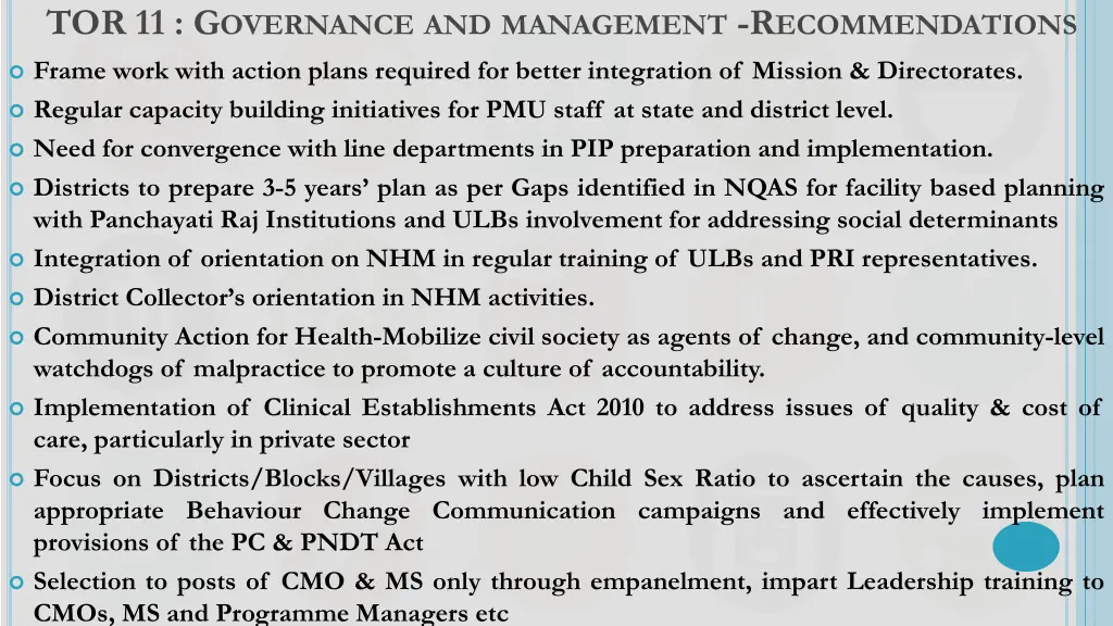 tor 11 g overnance and management r ecommendations