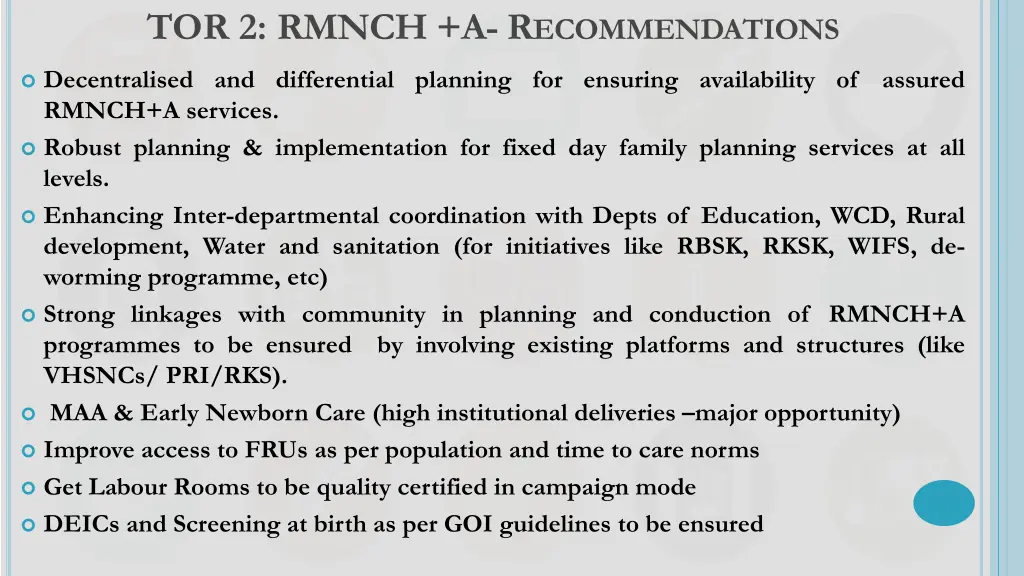 tor 2 rmnch a r ecommendations