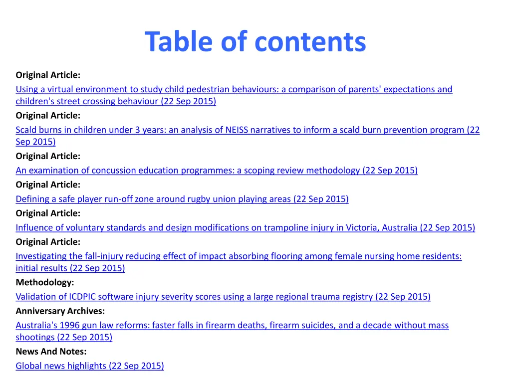 table of contents