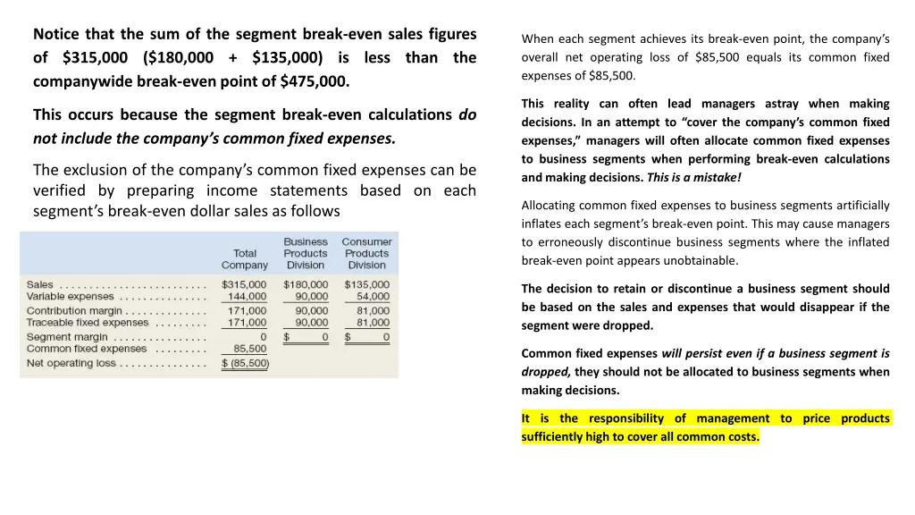 notice that the sum of the segment break even