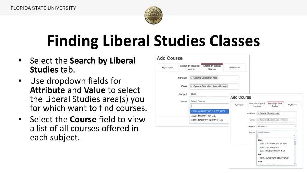 finding liberal studies classes select the search