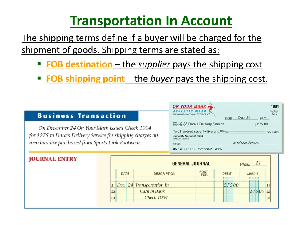 transportation in account the shipping terms