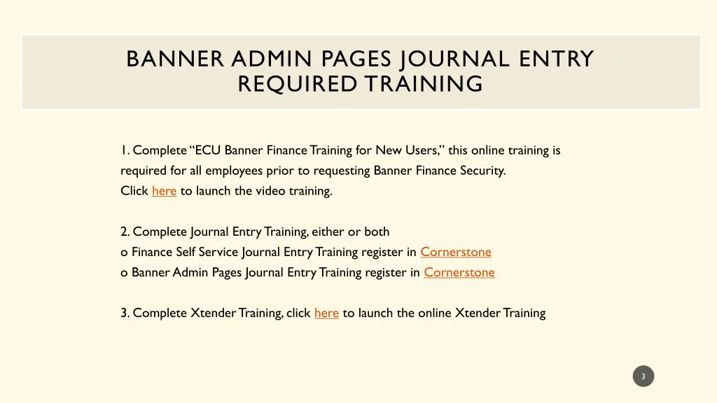 banner admin pages journal entry required training