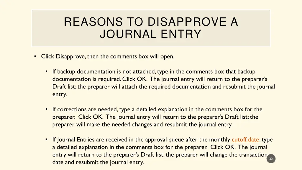 reasons to disapprove a journal entry