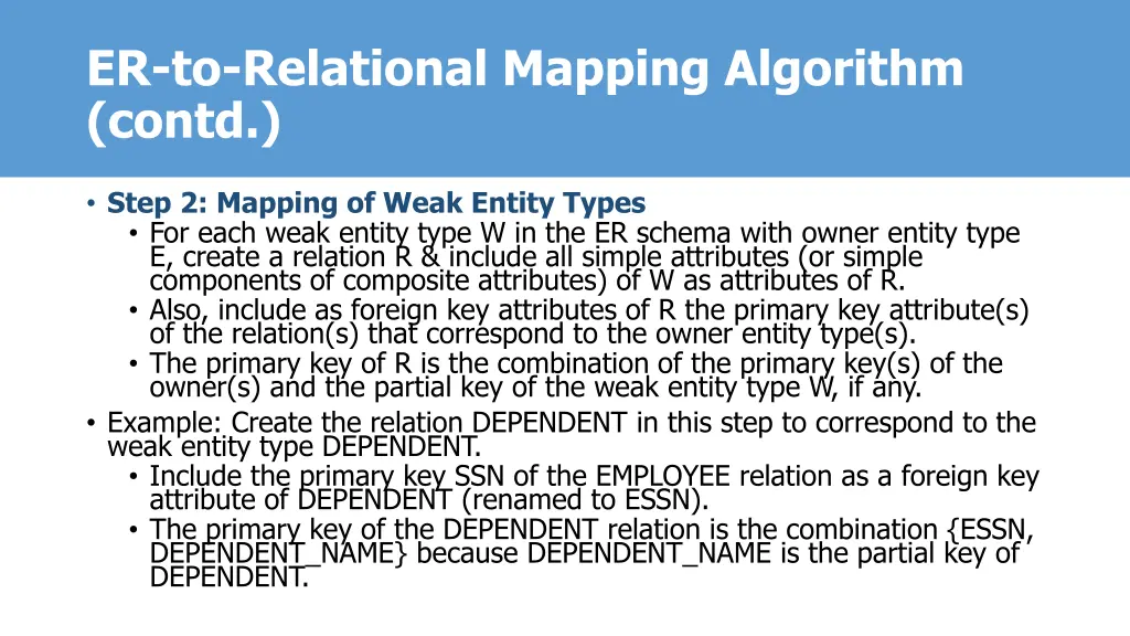 er to relational mapping algorithm contd