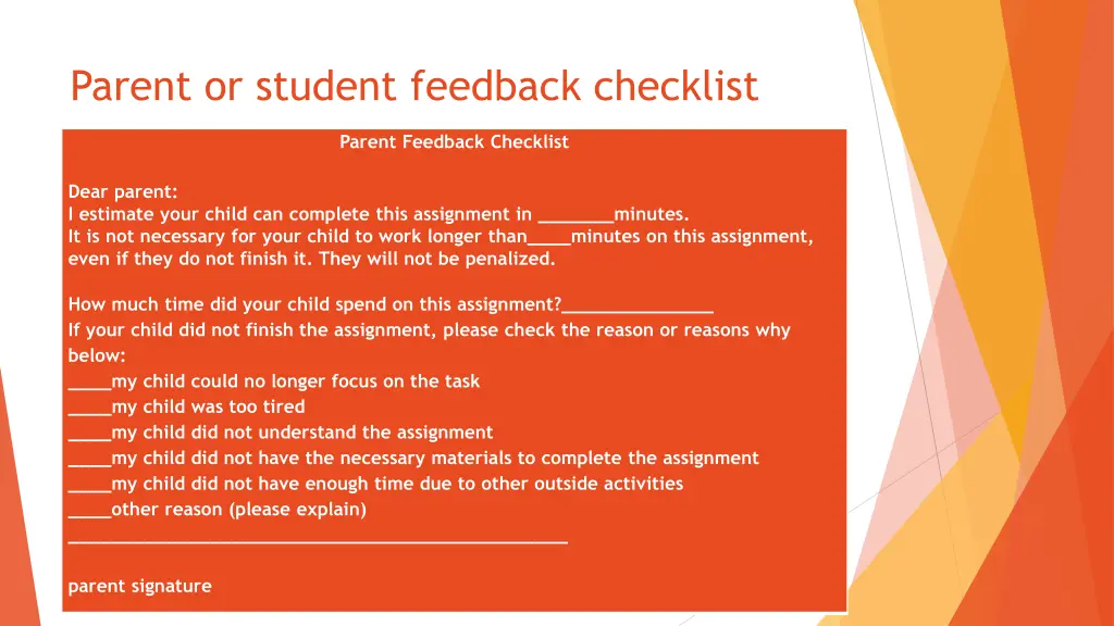 parent or student feedback checklist