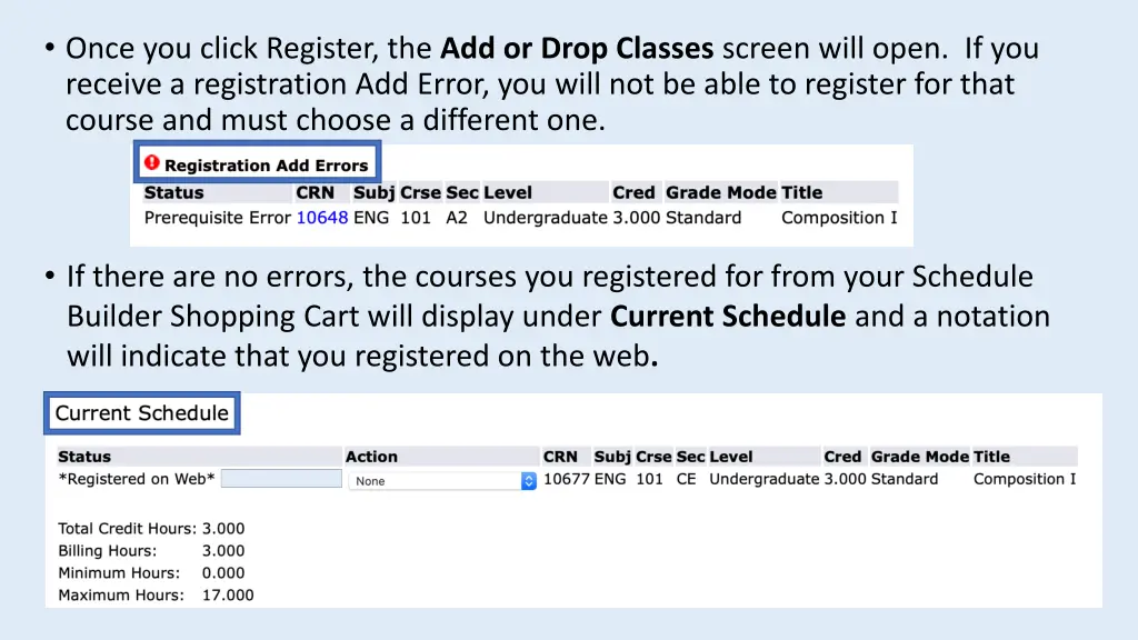 registration screen