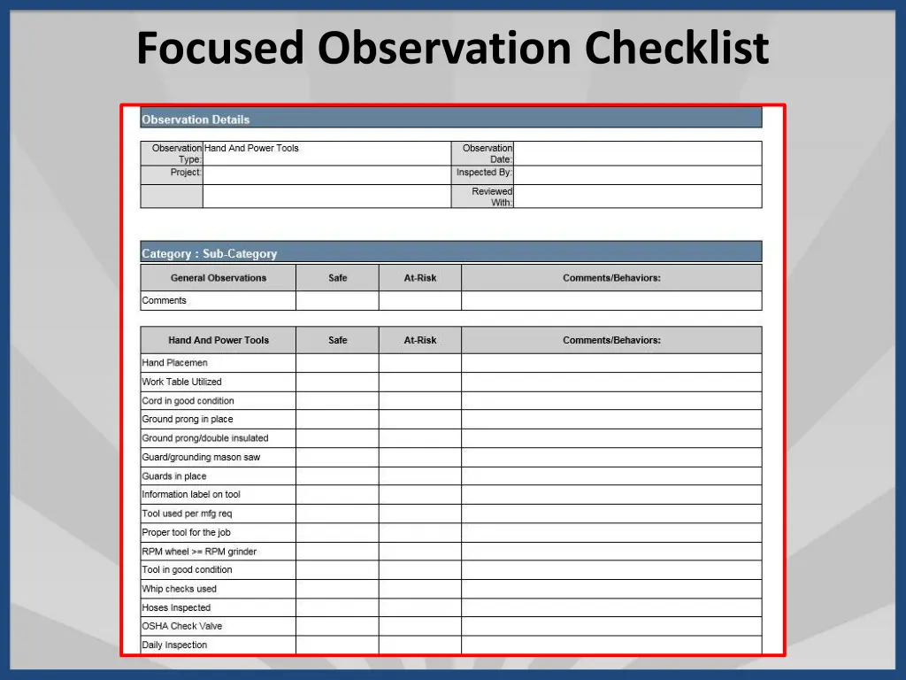 focused observation checklist