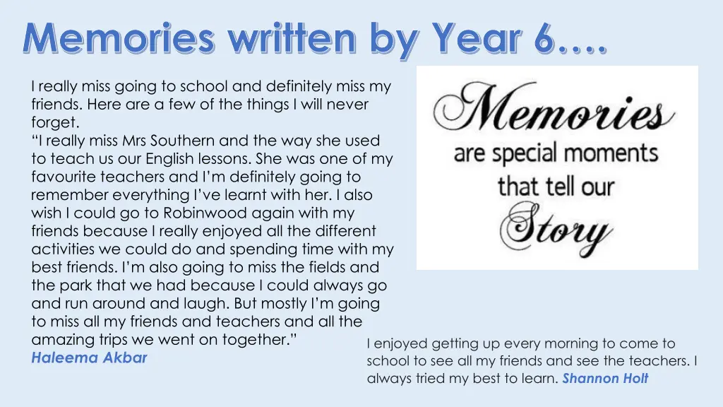 memories written by year 6 1