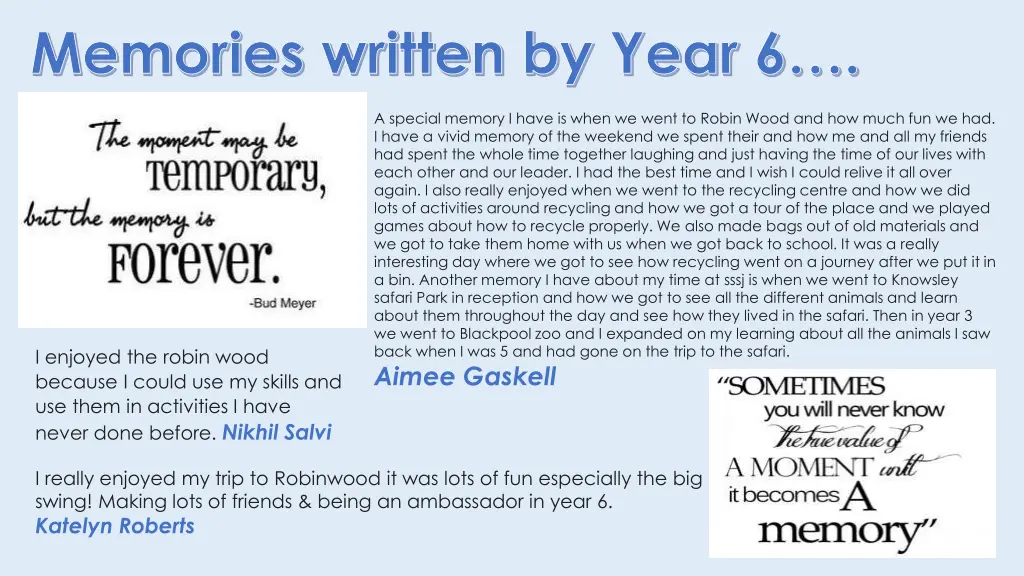 memories written by year 6 2