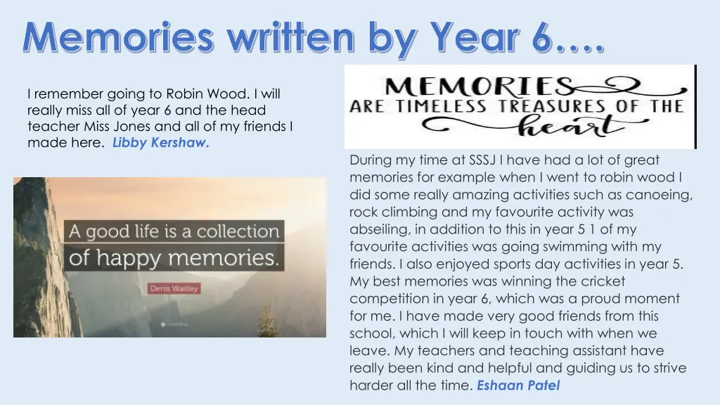 memories written by year 6 3