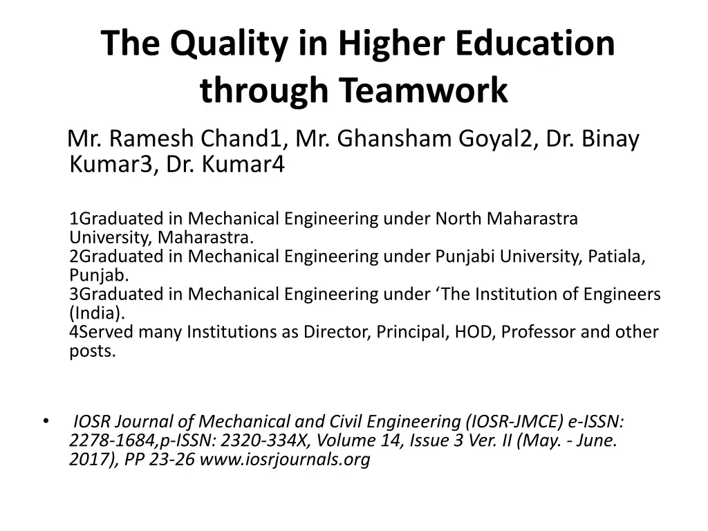 the quality in higher education through teamwork