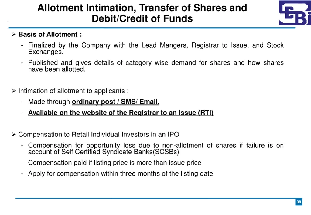 allotment intimation transfer of shares and debit