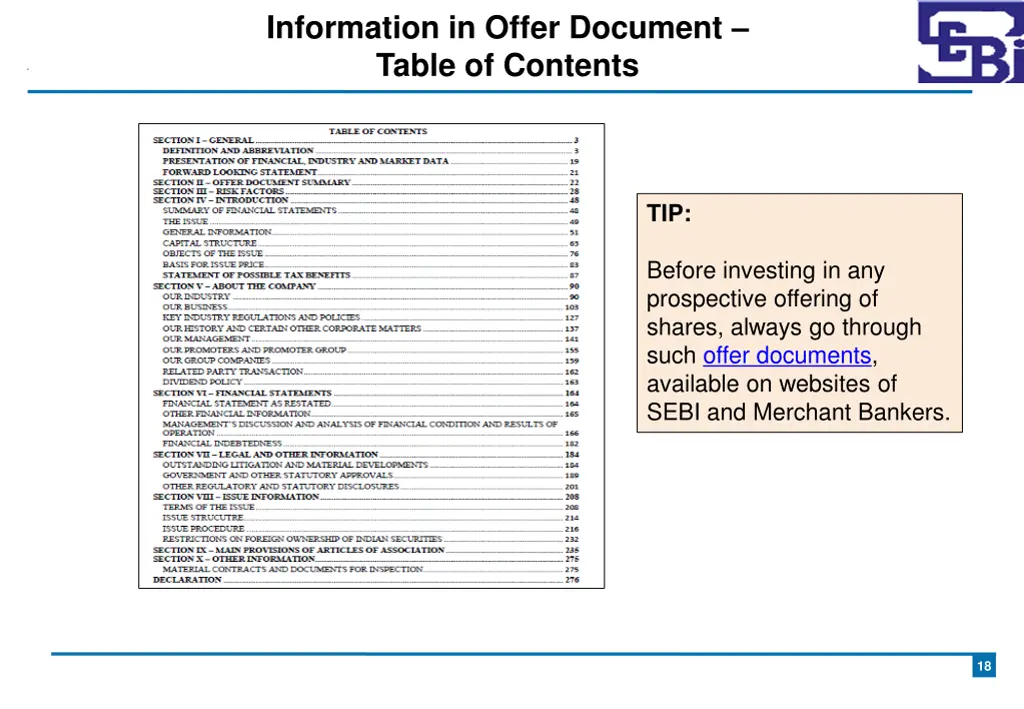 information in offer document table of contents