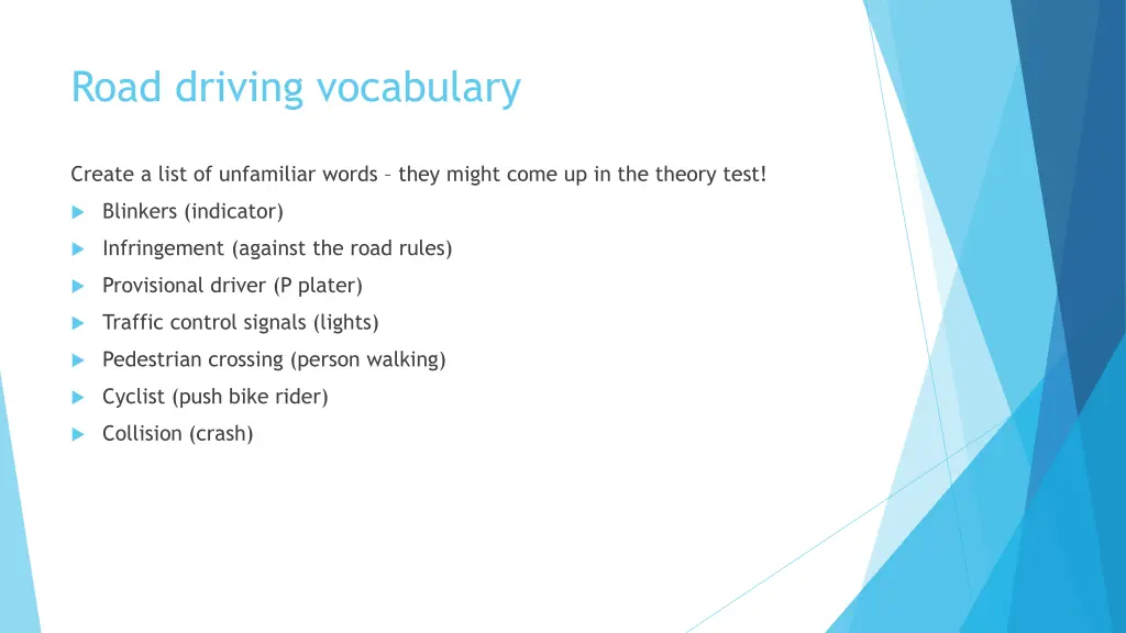 road driving vocabulary