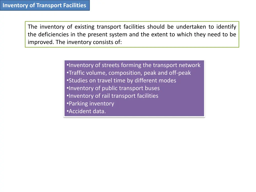 inventory of transport facilities