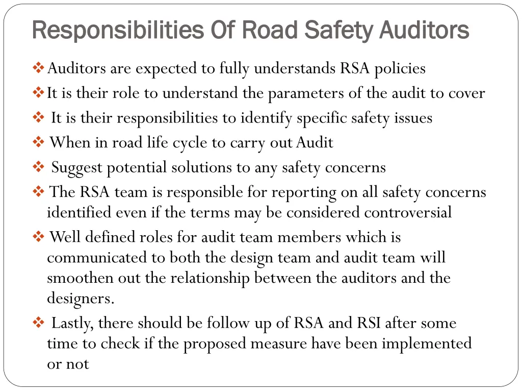 responsibilities of road safety auditors